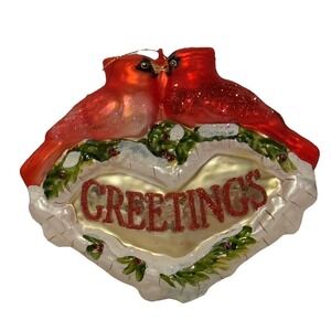 Christmas PAIR OF CARDINALS Heart Blown Glass Ornament CHRISTHOMAS‎ NWT